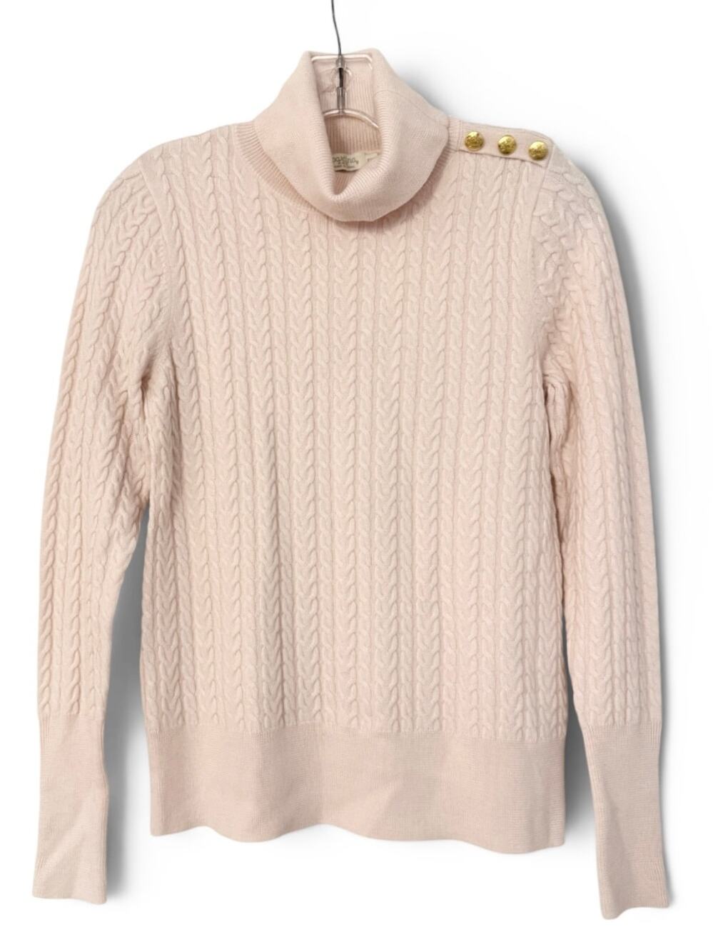 Spartina Shiri Sweater xxs Pink Merino Wool Cable Knit Gold Button Turtleneck